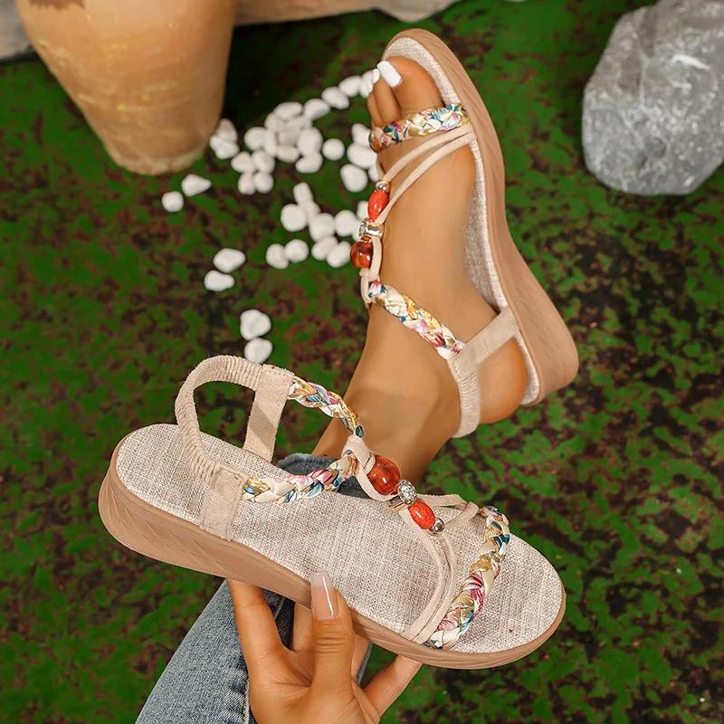 Fashion Bohemian Style Beaded Flat Sandals Woman Printing Braided Roman Sandals for Women Summer 2025 Comfortable Non Slip Beach Shoes