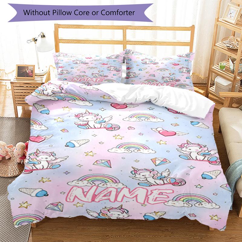 3pcs Custom Name Unicorn Bedding Set Duvet Cover Closure Includes 1 Duvet Cover & 2 Pillowcases, Soft and Comfortable for All Seasons.