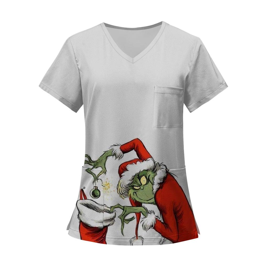 Women's Fashion Printed Short Sleeve V Neck Pattern Tops Pocket Working T-shirts