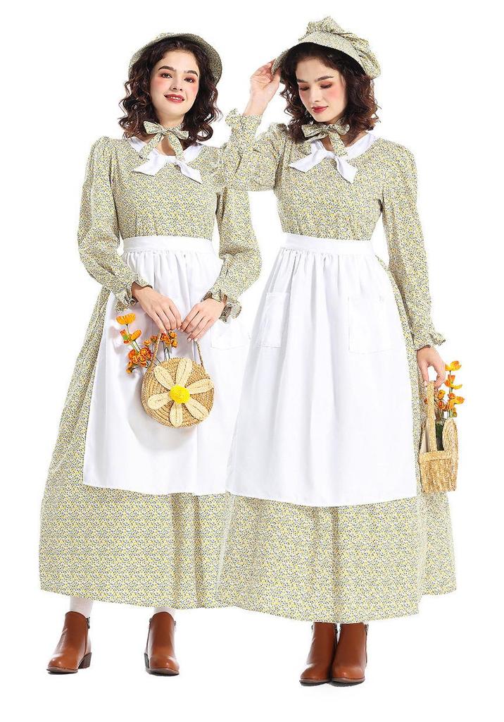 Prairie Colony Yellow Floral Pioneer Costume Dress with Apron for Halloween
