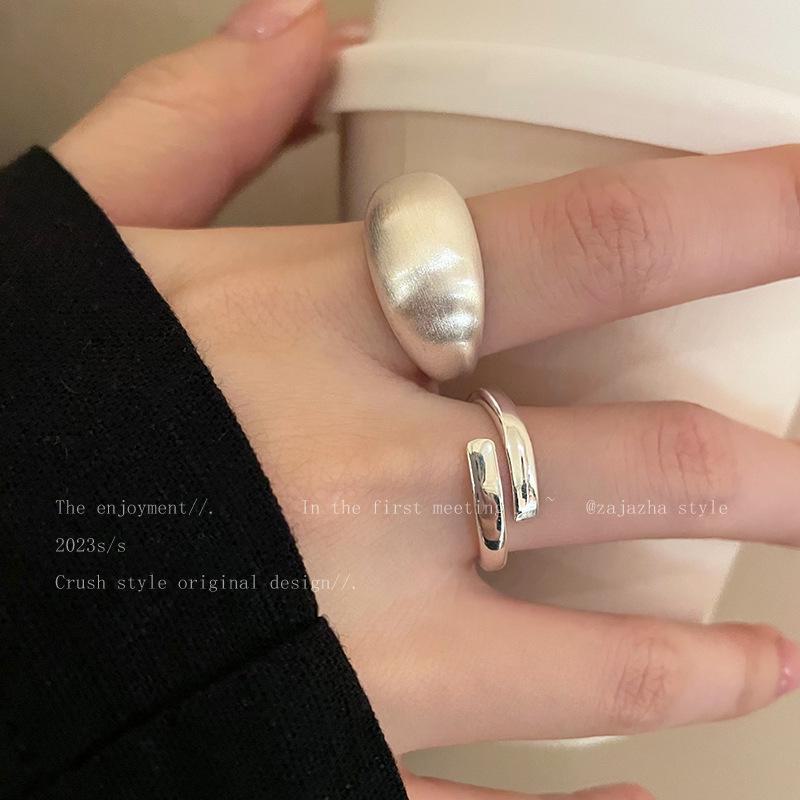 Matte Silver Brushed Open Adjustable Ring - Light Luxury Cold Style for Women