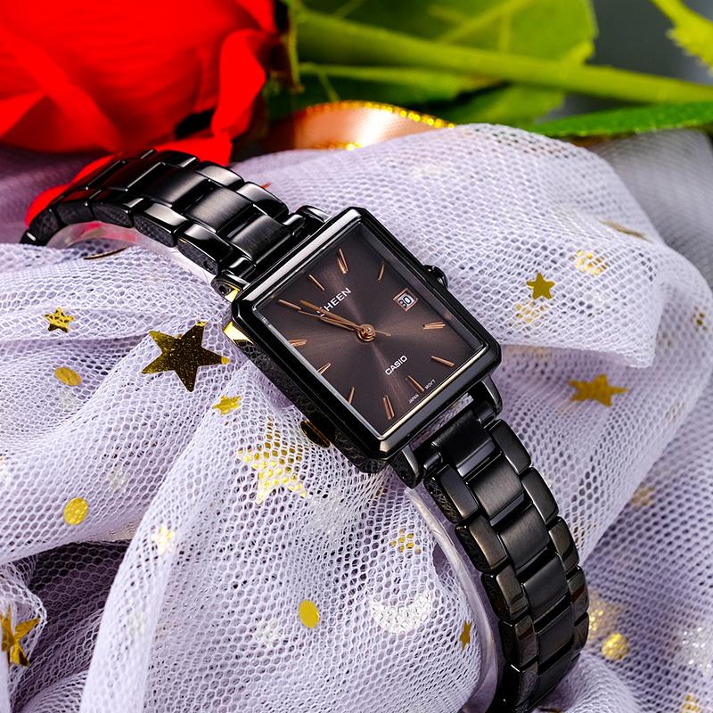 Casio Серия SHEEN, простой, повседневный и универсальный квадратный дизайн с сапфировым стеклом, кварцевый механизм, ремешок из нержавеющей стали, японские и SHE-4537BD-1AUPRD
