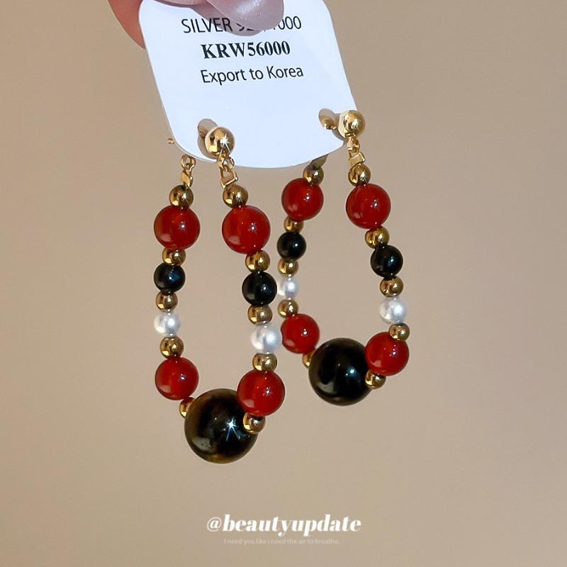 Серьги-гвоздики с серебряной иглой, круглые, с черным желчным камнем, тигровым глазом, жемчугом, легкая роскошь, ретро-серьги в стиле Маillard