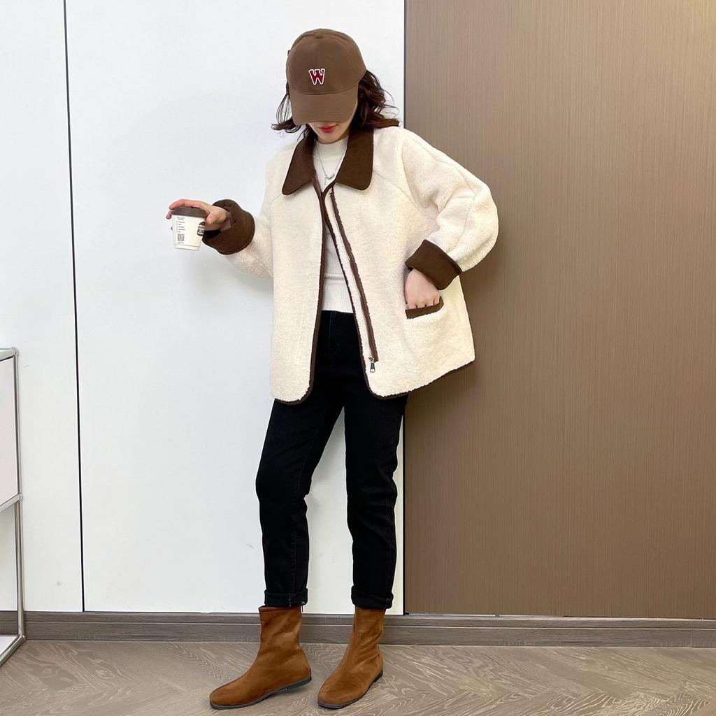 Женская и зимняя куртка из овечьей шерсти с контрастными лацканами, модный свободный повседневный короткий цельный топ