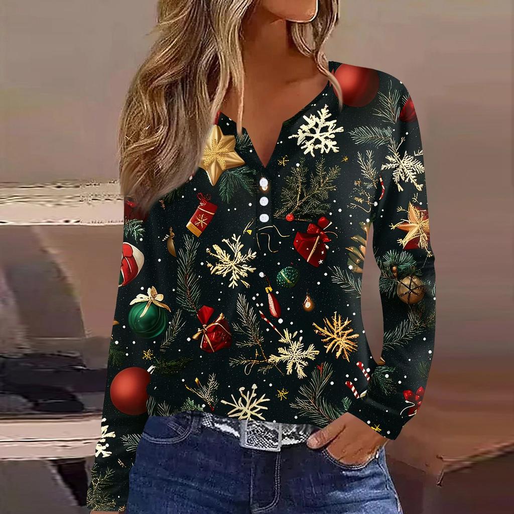 Женская футболка с рождественским принтом на пуговицах с длинным рукавом, повседневная, выходного дня, модная, базовая, с V-образным вырезом, обычная