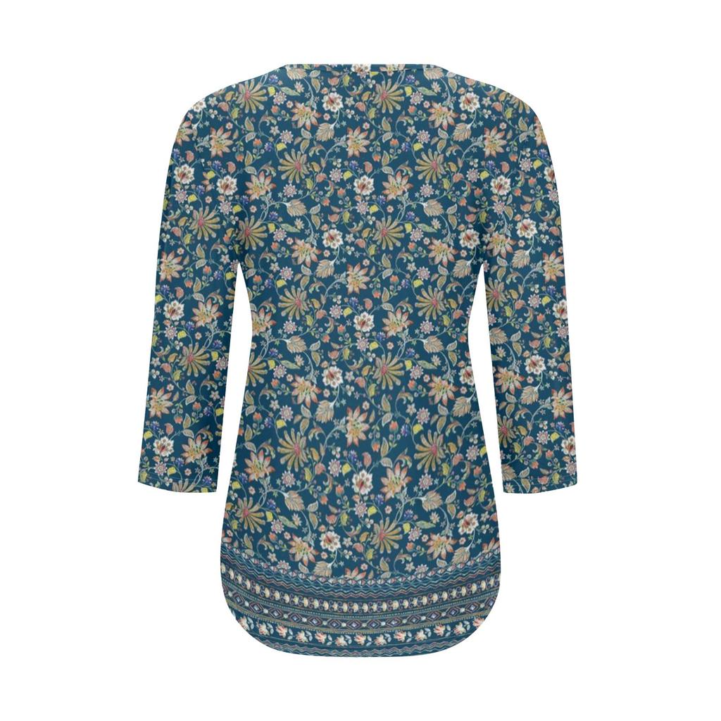 Women's Fashionable Casual Pleated Round Neck Casual Floral Print Seven Quarter Sleeved T-shirt Top