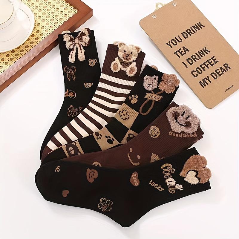 5 пар носков с рисунком медведя Милые и удобные носки средней длины Женские чулки и носки