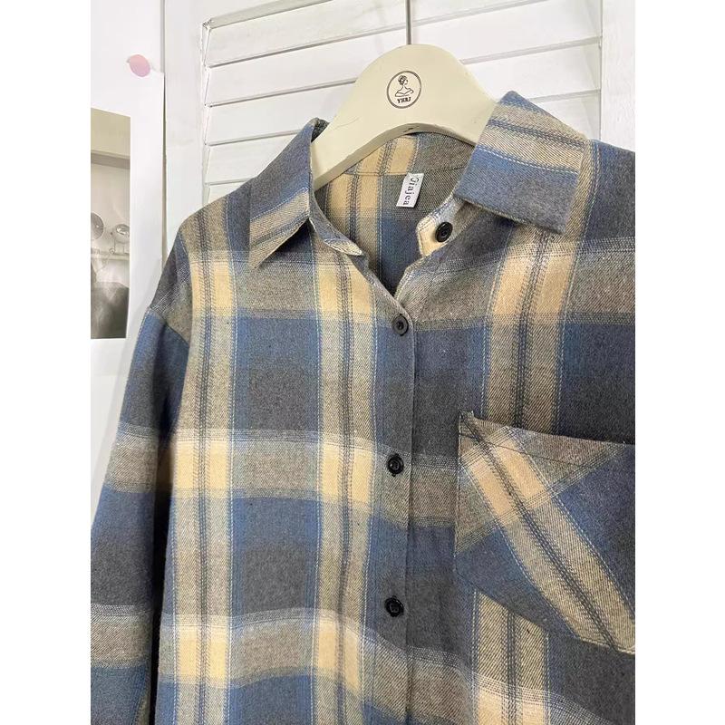 Женская клетчатая рубашка в стиле ретро с начесом - Свободный крой, длинный рукав, верхняя одежда для осени 2024