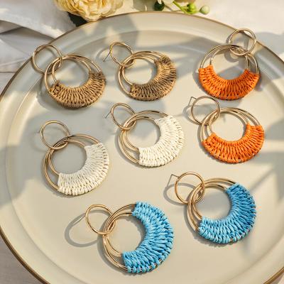 Винтажные серьги из ротанга ручной работы в богемном стиле с геометрическим полым круглым дизайном для пляжного отдыха