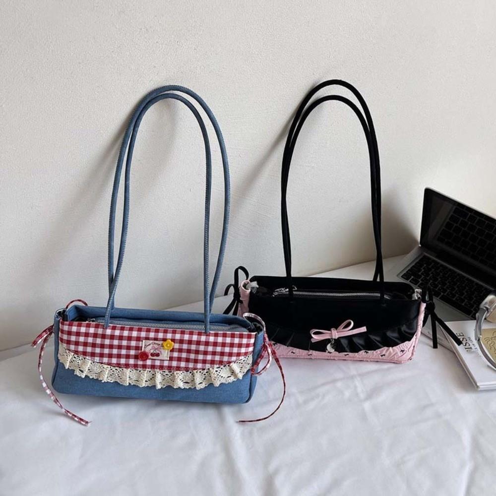Black French Stick Handbag Denim Blue Cloth Underarm Bags Shopping Plaid Bow Shoulder Bag  Travel