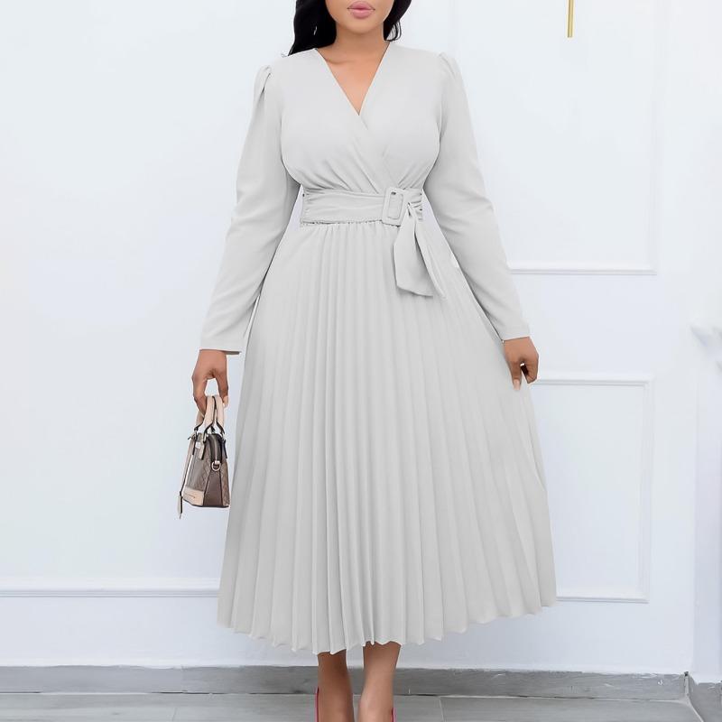 Женское новое платье с длинным рукавом, шнуровкой, однотонное, с V-образным вырезом, приталенное, плиссированное, большого размера