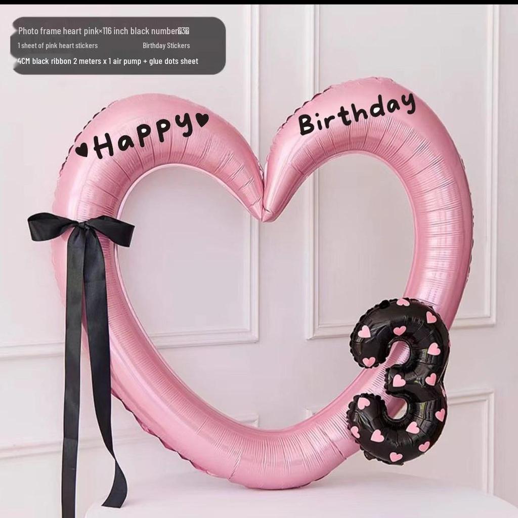 Розовый Большое Сердце Фоторамка Воздушный шар - Алюминиевая пленка Украшение на день рождения для детской вечеринки, Реквизит для фото на первый день рождения