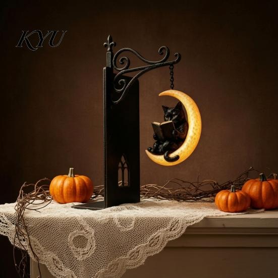 Heavy Duty Book Ends Gothic Metal Bookends with Hanging Light, Cat Raven Ghost Decorative Black Moon Support Bookshelf Lamp, Vintage Church