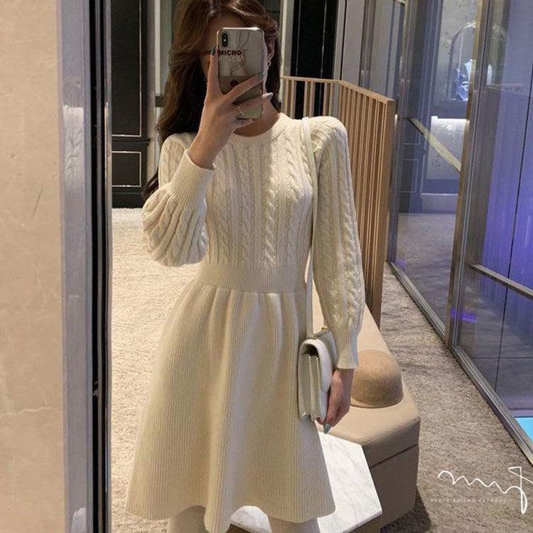 Autumn and Winter Women's Knitted Dress Waisted New Year's War Dress Round Neck Bottoming Twist Sweater Skirt