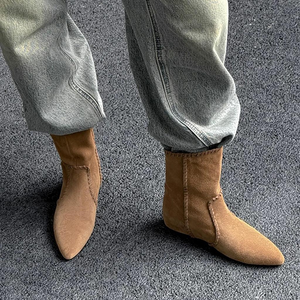 Версия из овчины~ нишевые матовые замшевые шнурки с наконечниками, внутренняя высота увеличивается, женские ковбойские ботинки в западном стиле, короткие ботинки 2025 года, тонкие ботинки