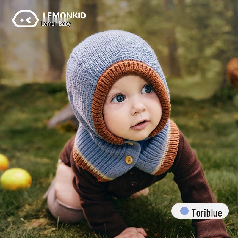 Набор вязаных шапочки и шали из лимонной детской шерсти - Теплая, ветронепродуваемая осенне-зимняя шапочка для младенца
