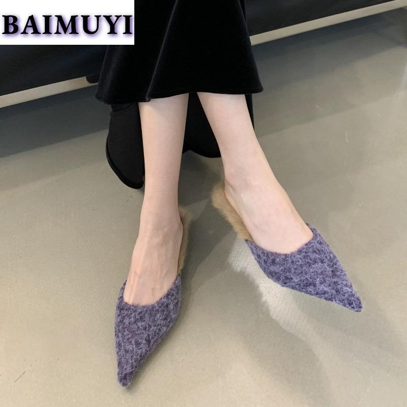 Роскошные меховые тапочки женские остроносые мюли обувь дизайнерские меховые шлепанцы платье низкий каблук 2025 зимняя мода замша хлопок Botas Mujer