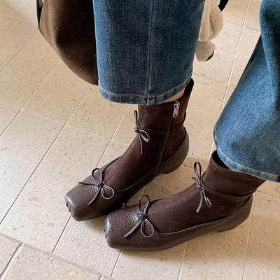 Версия из овчины~ Ретро балетный стиль бант тонкие ботинки женские французские осень и зима новые ботинки на толстом каблуке с носком-пяточком