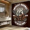 Шторка для душа с мотоциклом Route 66 Ретро-дизайн американского шоссе с хромированным мотоциклом и крыльями Шторка для душа с крючком