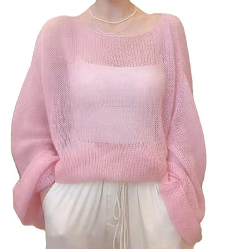 2025 Летний ажурный вязаный свитер, женская тонкая свободная солнцезащитная блузка, повседневная простая накидка с длинным рукавом, однотонный прозрачный топ 3463