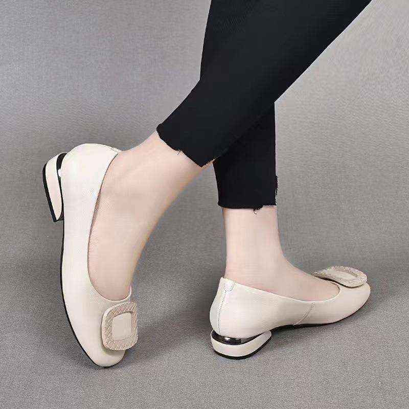 Single Shoes Women's Shallow Mouth Flat Shoes Spring New Low Heel Round Head Leather Shoes Spring and Autumn Soft Leather Women's Shoes Doudou Shoes