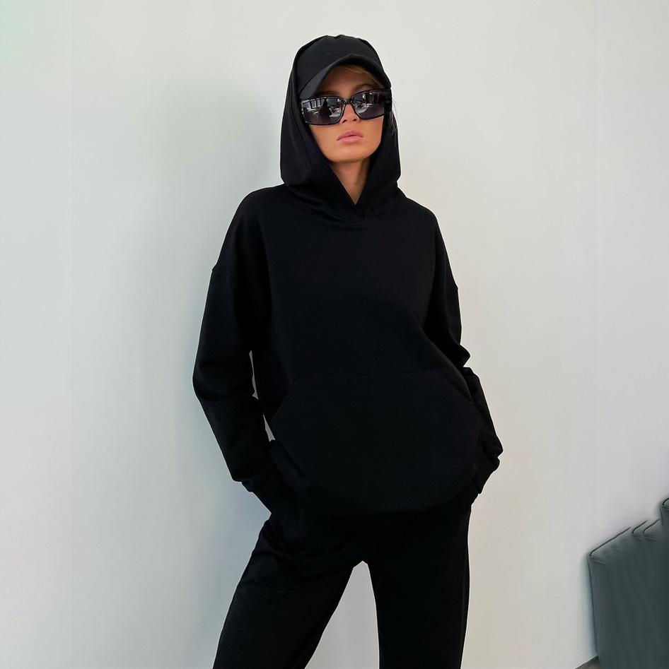 Женский однотонный костюм с капюшоном и длинным рукавом, свободный топ, широкие брюки, осень-зима