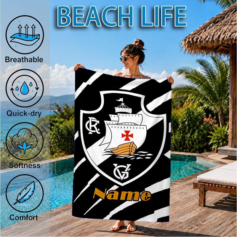 Custom Name Beach Towel Vasco Football Crest Emblem Microfiber Beach Towel, Lightweight for Summer Travel, Swimming Pool Fan Birthday Gift