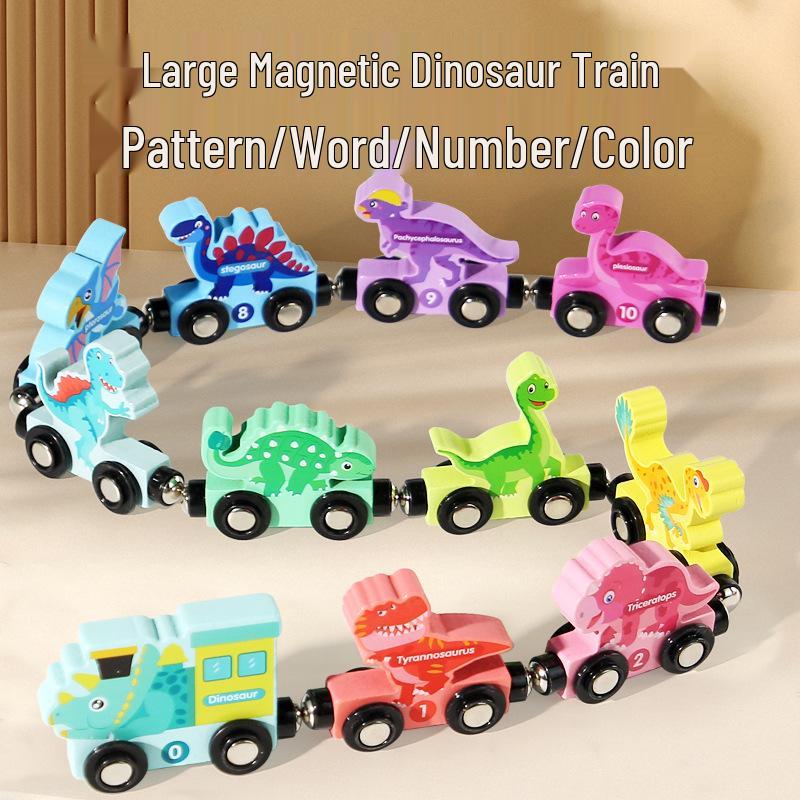 Деревянный магнитный поезд с цифрами «Динозавр» - Детская развивающая игрушка-каталка с мультяшными животными и строительными блоками