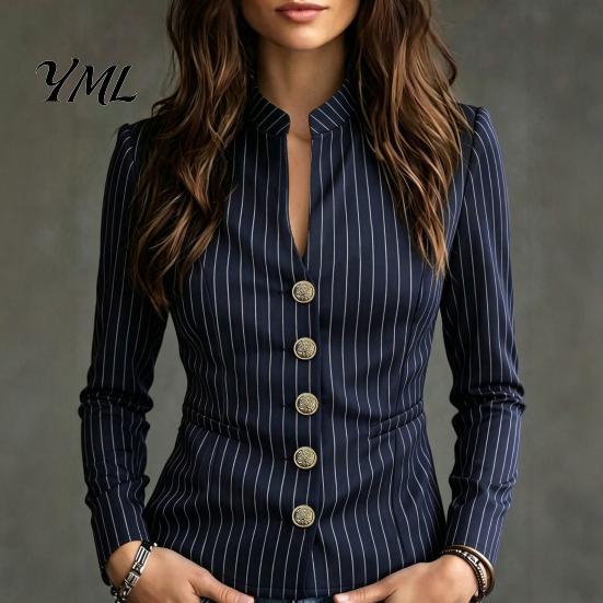 Women Striped Blazer Stand Collar Blazer, Slim Fit Single-Breasted Blouse Top, Office Business Casual Jacket Outerwear Slimming Waist Coat