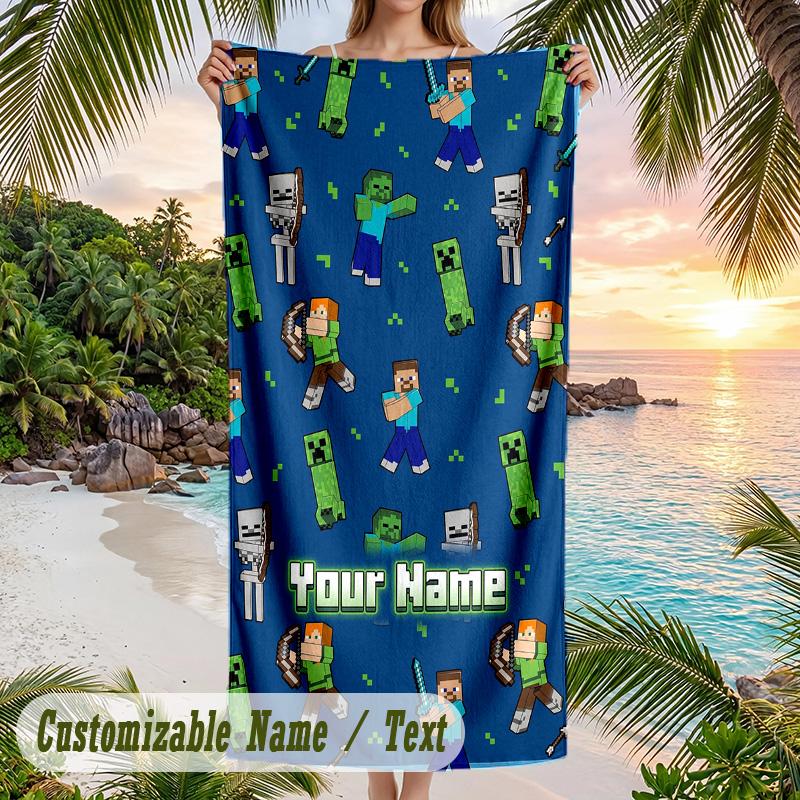 Minecraft Beach Towel, Personalized Custom Text, Quick Dry Soft Large Towel For Swimming Pool Travel