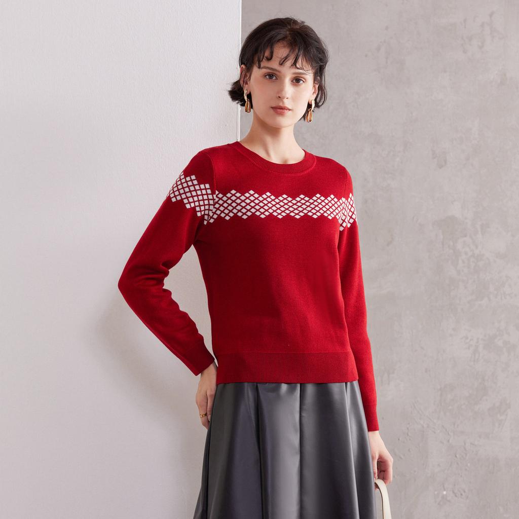 Women's Wool Blend Grid Pattern Knit Sweater