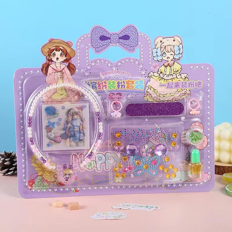 Kids Stickers Nail Polish Makeup Kit Girls Princess Dress Up Stickers Necklace Ring Set Children'S Play House Toys Gifts