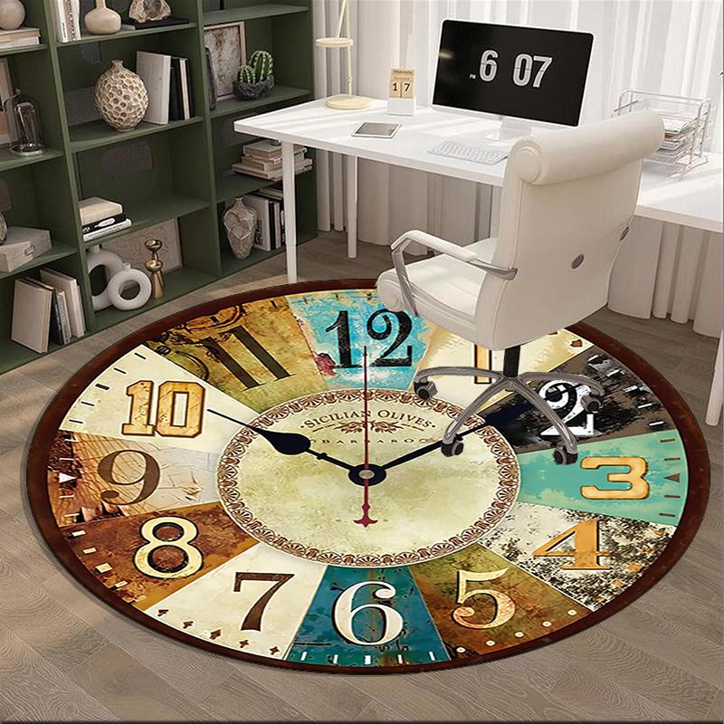 Vintage Cafe Clock Design round carpet Chair cushion Round Entryway Rug, Soft Round Rugs for Living Room, Bedroom, Circle Carpet decor gifts