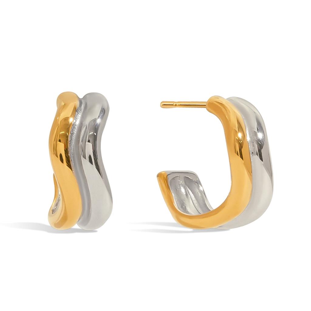 Yori Double Color Stainless Steel Metal Wave C-shaped Stud Earrings for Women Waterproof PVD Gold Plated Jewelry Gift