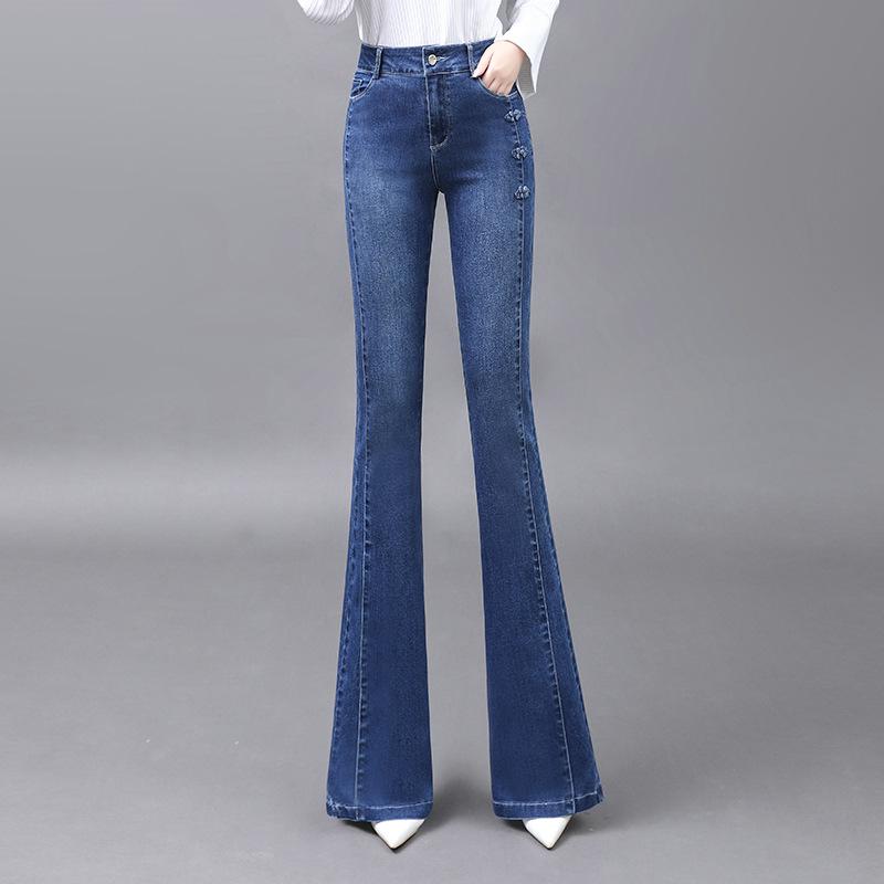 Женские облегающие расклешенные джинсы с высокой талией 2023 года — длина до пола и эластичные