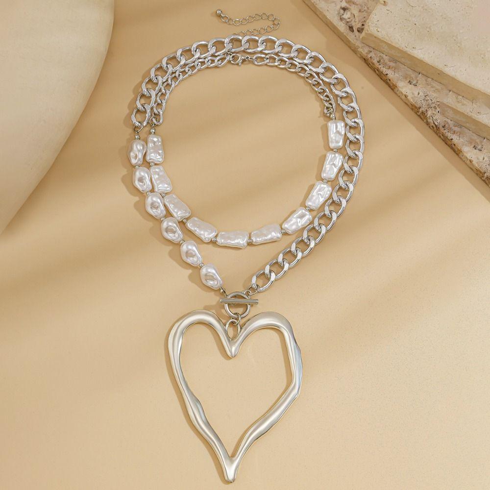 Exaggerated Size Heart Pendant Necklace Big Love Multilayer Pearl Necklace  Date Night