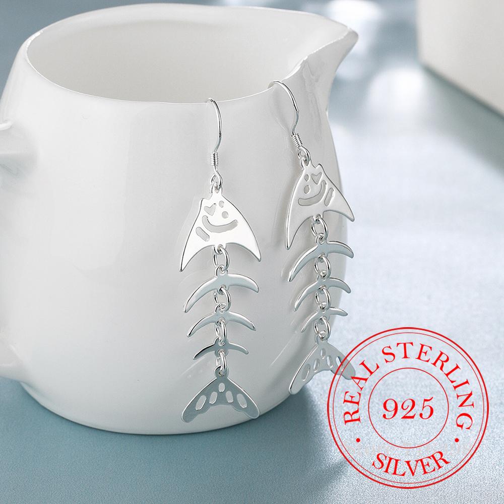 Trend 925 Sterling Silver Earrings for Women Fashion Fish Skeleton Long Drop Earring Hanging Jewelry Brincos Feminino