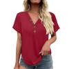 Women's Fashionable Casual Short Sleeved Solid Color V-neck Button Top