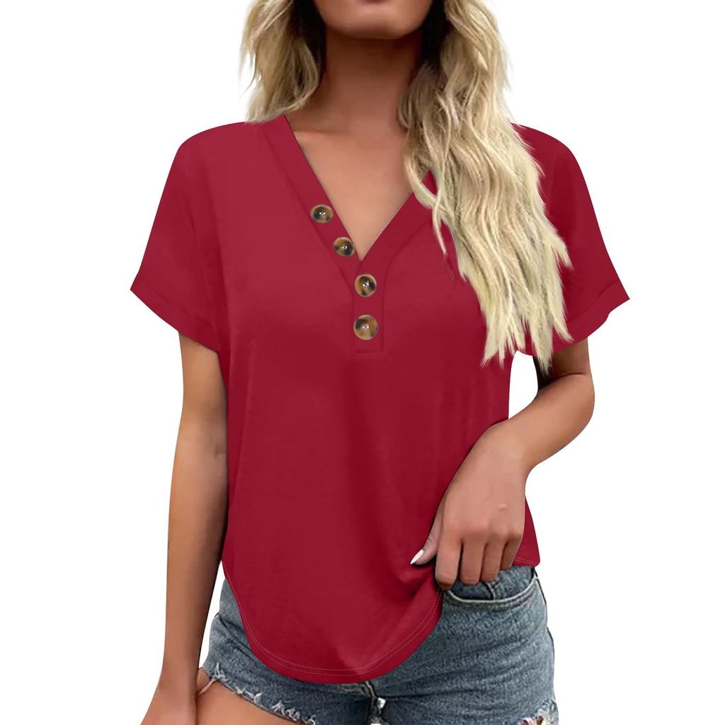 Women's Fashionable Casual Short Sleeved Solid Color V-neck Button Top
