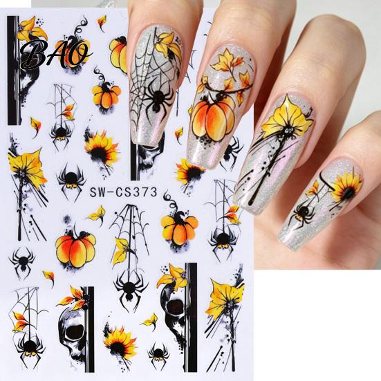 Nail Art Accessories Women Stickers for Autumn Halloween, Pumpkin Spider Web Skull Flame Decals Manicure Decal, DIY Supplies Holiday Party Decal