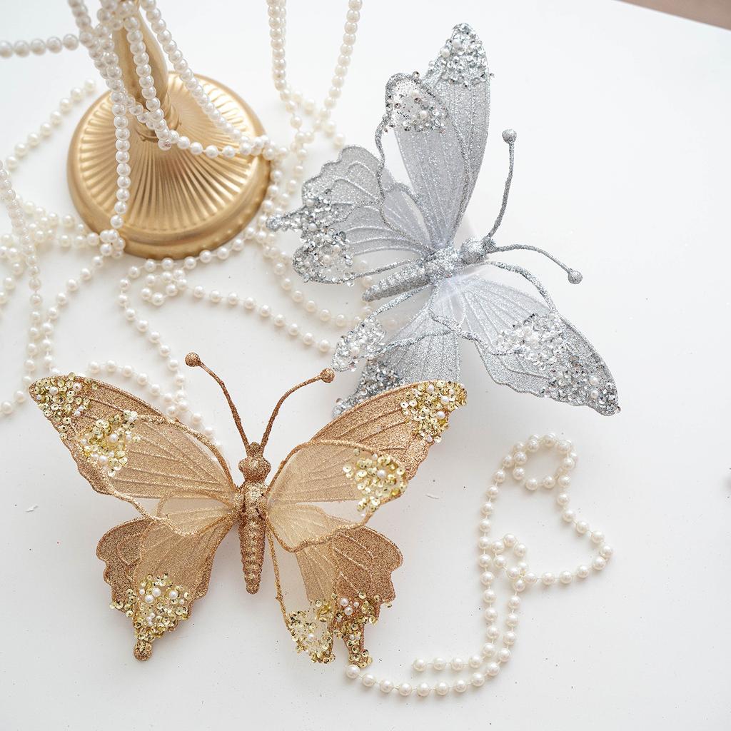 1pc 25cm Simulation Mesh Glitter Butterfly Decoration Christmas Tree Decoration Pendant Living Room Decoration Christmas Tree Embellishment