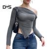 Women Knitting Tops Sexy Sloped Shoulder Collar Irregular Hem Pullover Tops Solid Color Ribbed Blouse