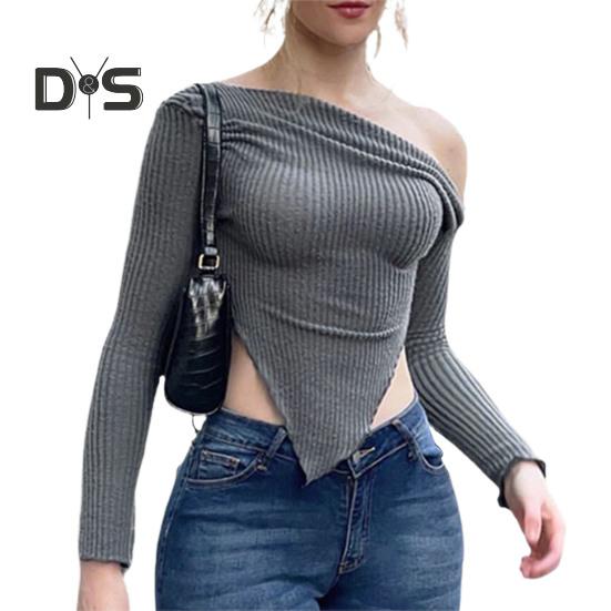 Women Knitting Tops Sexy Sloped Shoulder Collar Irregular Hem Pullover Tops Solid Color Ribbed Blouse