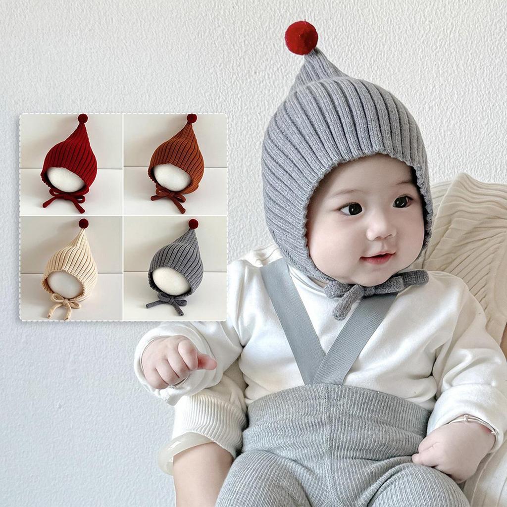 Cute Baby Winter Ear Protection Cap Solid Color Pompom Knitted Lacing Hat Windproof Warm Infant Toddler Earmuffs Beanie