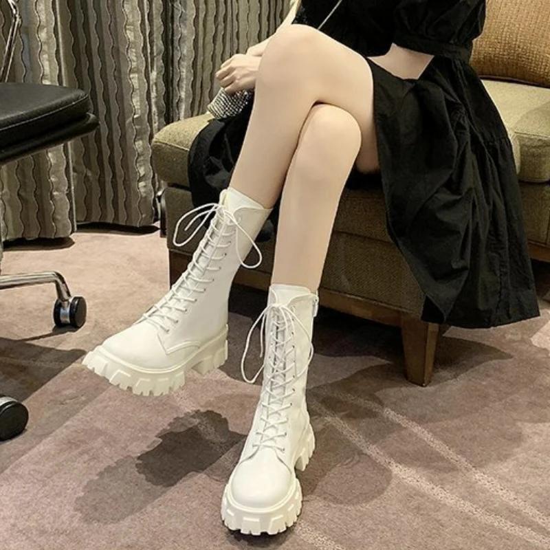 Модные новые полусапоги женские осенне-зимние модные женские ботинки челси на шнуровке с застежкой-молнией Botas Mujer Ботинки спортивные на платформе и каблуке женские туфли
