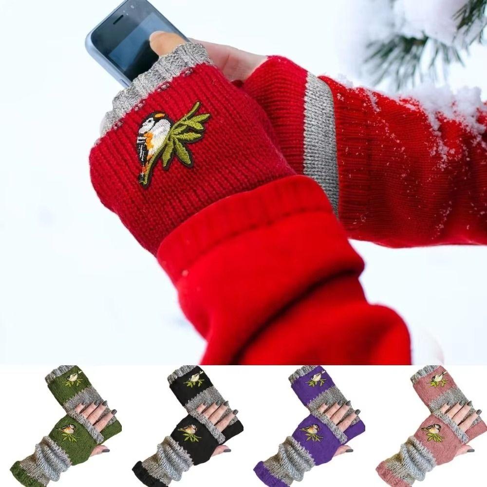 Теплые перчатки без пальцев с вышивкой птицы, модные вязаные митенки для мужчин и женщин