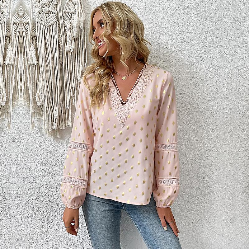 Women's Fashion Casual Polka Dot Print Long Sleeve V-Neck Blouses & Shirts