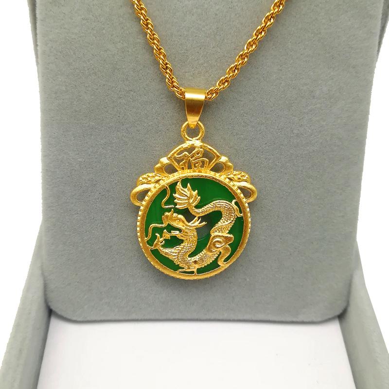 Chinese Wind Green Stone Dragon Gold Color Pendant For Men Women Animal Lover Lucky Dragon Amulet Necklace Accessories Gift