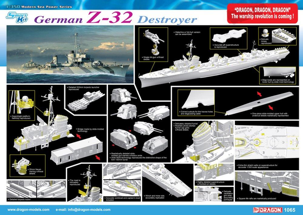 Dragon Platz World War II German Navy Destroyer Plastic Model DR1065 1/350 Z-32 (Smart Kit)