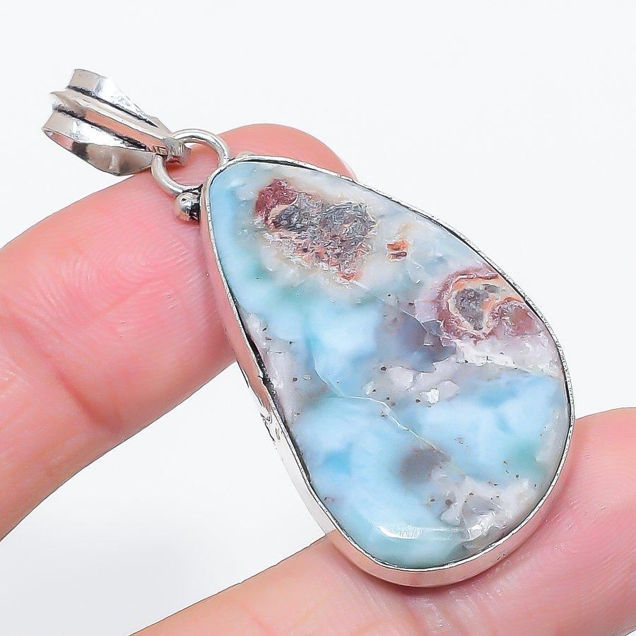 Natural Larimar Gemstone Handmade 925 Sterling Silver Jewelry Pendant 2.17" y0R84